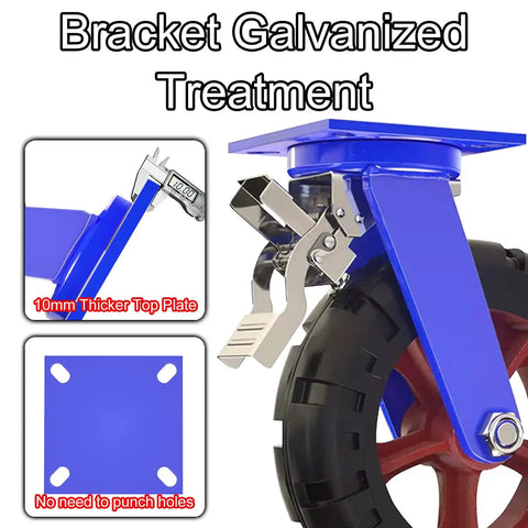 Heavy Duty Industrial Caster Wheels Pack Of 4 Solid Rubber Rollers Built Like A Tank For Smooth As Butter Swiveling With Dual Locking Brakes And Double Ball Bearings Moving Heavy Loads showcasing galvanized bracket and locking brake.
