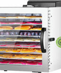 Heavy Duty Stainless Steel Food Dehydrator 10 Hella Spacious Trays BPA Free Fruit Dryer showing sliced fruits on racks.
