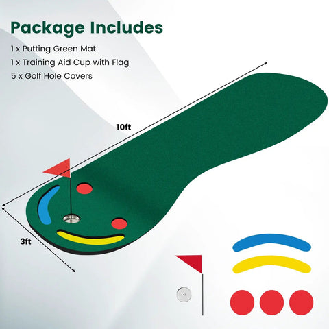 Par 3 Putting Green Mat 10 Foot By 3 Foot With 3 Cups Flag And Hole Covers For Indoor Outdoor Practice diagram and components shown