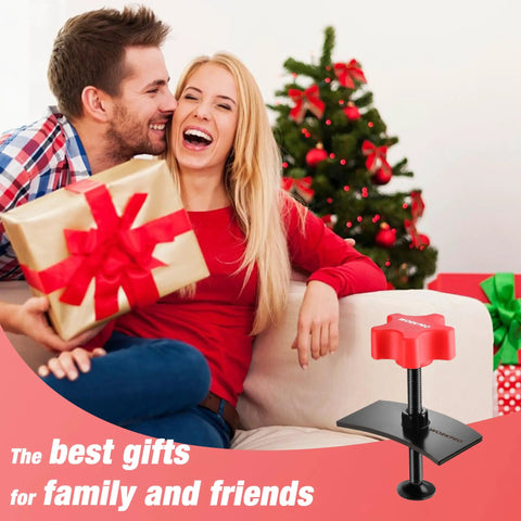 Smiling couple exchanging gifts with brake pad spreader and caliper tool for cars and light trucks in foreground