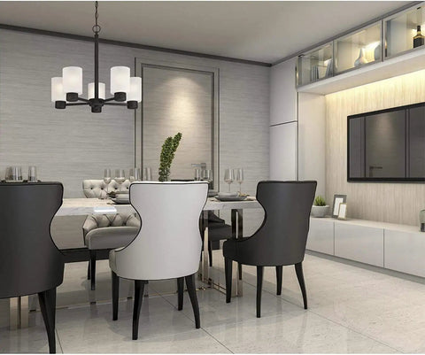 Dining area with Five Light Oil Rubbed Bronze Dining Room Chandelier Hanging Fixture for Dining Rooms, modern decor.