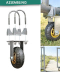 Built Tough 5 Inch Gate Support Wheel for Farm and Ranch Gates with metal bracket and rugged rubber tire, assembled on gate.