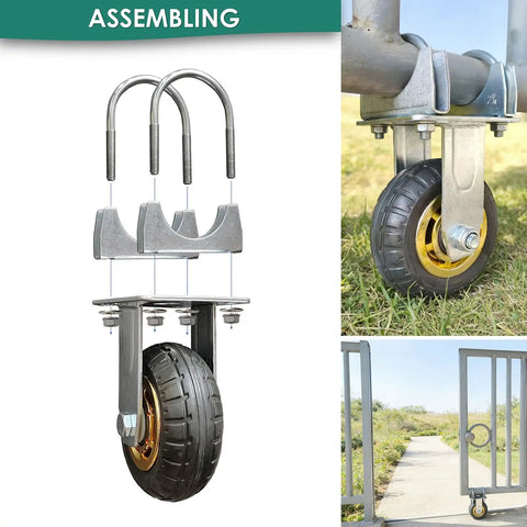 Built Tough 5 Inch Gate Support Wheel for Farm and Ranch Gates with metal bracket and rugged rubber tire, assembled on gate.