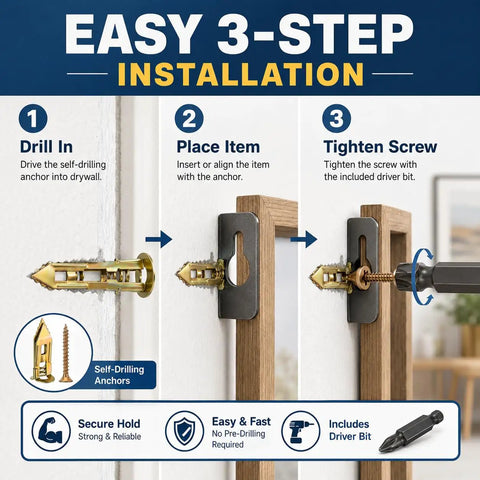Workhorse 400 Piece Self Drilling Drywall Anchor And Screw Kit With 170 Expansion Anchors 200 Drywall Screws And 50mm Double Ended Driver Bit For Quick Strong All In One Hollow Wall Mounts, 3-step install