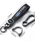 Premium Genuine Leather Car Key Chain Ford Style Zinc Alloy Key Fob Cover Black with swivel ring and metal clips.