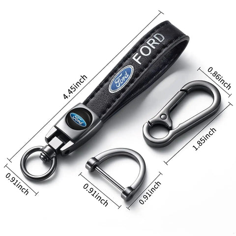 Premium Genuine Leather Car Key Chain Ford Style Zinc Alloy Key Fob Cover Black with swivel ring and metal clips.