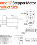 NEMA 17 stepper motor mechanical drawing with dimensions, showing front and side views and wiring.