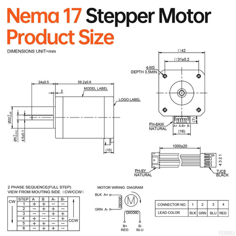 NEMA 17 stepper motor mechanical drawing with dimensions, showing front and side views and wiring.