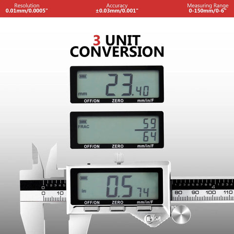 Three display modes showing 6 Inch Rechargeable Digital Caliper With Stainless Steel Vernier Micrometer, Large LCD Display, Type C Fast Charge, No Battery Hassle