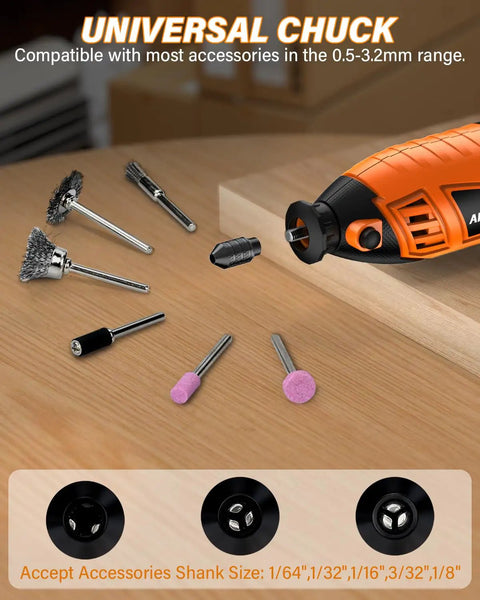 Universal chuck of Professional Corded Rotary Tool Kit With Flex Shaft And Six Variable Speeds For Engraving Carving And Detail Work.