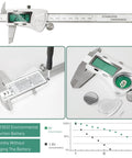 Ultra Accurate IP54 Waterproof Digital Caliper with Large LCD Screen, stainless steel body, battery details, measurements, 6 inch.