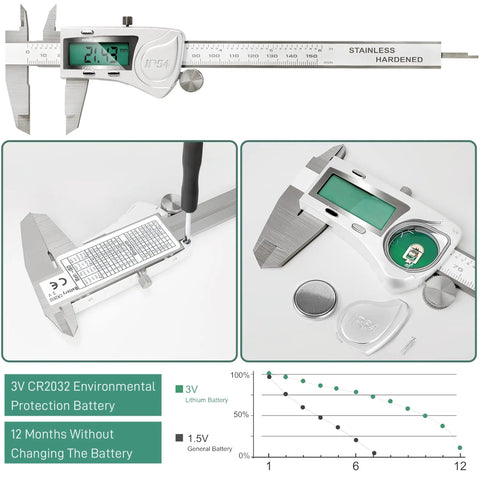 Ultra Accurate IP54 Waterproof Digital Caliper with Large LCD Screen, stainless steel body, battery details, measurements, 6 inch.