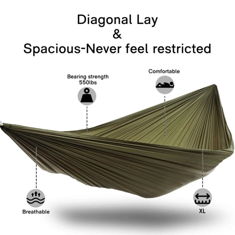 Double Camping Hammock With Mosquito Net Ridgeline And Straps 11Ft Lightweight Nylon Ripstop 500lb Capacity Breathable Soft Comfort