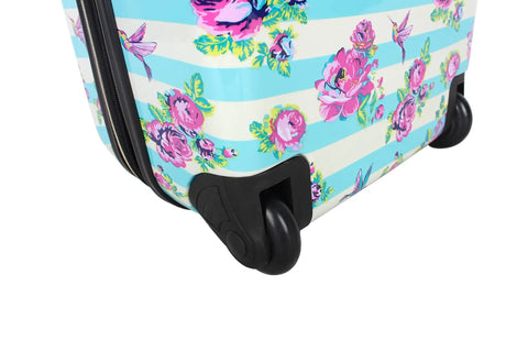 Detail of Designer Underseat Luggage For Women, 15 Inch Hardside Carry On With Two Rolling Wheels, Stripe Floral Hummingbird Pattern