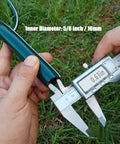 Measuring 5/8 inch garden hose diameter with caliper on grass, focus on Six Pack Garden Hose Repair Connectors With Stainless Steel Clamps For Five Eighth Inch Hoses, Durable Brass Fittings Kit For Quick Repairs And Leak Free Watering.