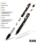 11 In 1 Multitool Pen Set With LED Light And Stylus Screwdrivers Level Ruler Bottle Opener And More Cool Gadgets 2 Pack EDC Tactical Pens Gift For Men Dad Handy Guys Gift Box Ready, showing disassembled parts including screwdriver bits, ruler, and LED light.