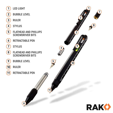 11 In 1 Multitool Pen Set With LED Light And Stylus Screwdrivers Level Ruler Bottle Opener And More Cool Gadgets 2 Pack EDC Tactical Pens Gift For Men Dad Handy Guys Gift Box Ready, showing disassembled parts including screwdriver bits, ruler, and LED light.