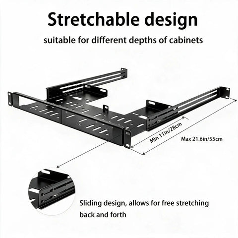 Heavy Duty Double Stack 19 Inch 1U Rackmount Bracket For Mini Pc Server Enclosure showcasing stretchable design and dimensions.