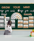 Child interacting with a classroom bulletin board displaying a 29 Piece Growth Mindset Poster Set With Adhesive Dots Industrial Classroom Bulletin Board Decor Game Changer Wall Art For Teachers Positive Thinking Vibes Student Motivation Top Shelf Supplies.