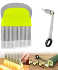 Front view of a 2-in-1 stainless steel crinkle and French fry cutter with yellow grip, for curly fries and vegetable spirals