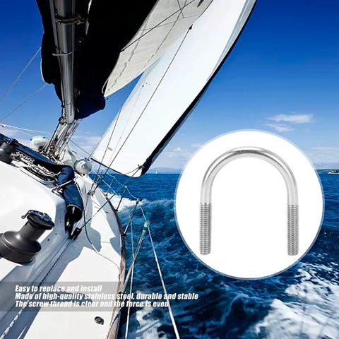 Heavy Duty M6 U Bolt Set 304 Stainless Pipe Clamps That Won't Rust Or Corrode on a sailboat, used for marine hardware applications.