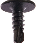 Steel Self Drilling Screw With Black Phosphate Finish, Modified Truss Head For Beefy Wide Low Profile Dome, Phillips Drive, close-up view.