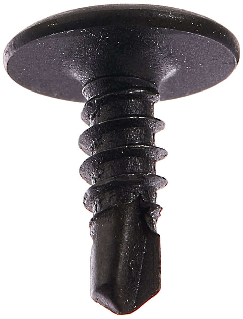 Steel Self Drilling Screw With Black Phosphate Finish, Modified Truss Head For Beefy Wide Low Profile Dome, Phillips Drive, close-up view.