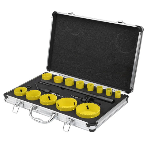 Premium M42 High Speed Steel Hole Saw Set With 13 Sizes And Wing Cutter Design For Fast Wood Metal Drill Work Includes Storage Case open case