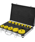 Premium M42 High Speed Steel Hole Saw Set With 13 Sizes And Wing Cutter Design For Fast Wood Metal Drill Work Includes Storage Case, open case