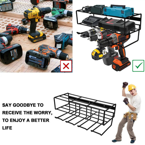 Two Pack Heavy Duty Wall Mounted Power Tool Organizer With Floating Shelf Storage Rack And Tool Holder For Drill Batteries