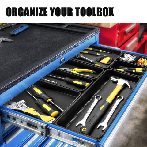 Drawer with 60 Piece Tool Box Organizer Tray Set With 5 Sizes For Easy Drawer And Garage Storage, Black Plastic Trays For Tools.