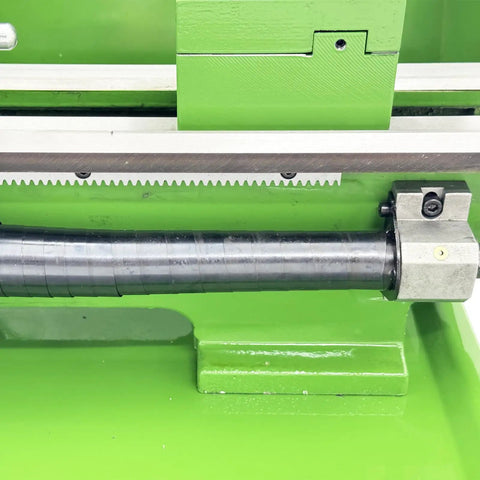 Close-up view of the WYDDDARY Eight By Sixteen Inch Precision Benchtop Metal Lathe with digital readout components.