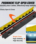 Beefed Up Heavy Duty 5 Pack TPU Cable Protector Ramp With 2 Channel Design for Driveways bright yellow flip-open cover in use