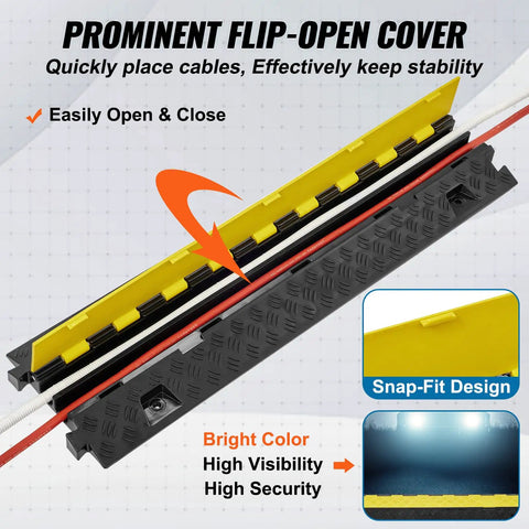 Beefed Up Heavy Duty 5 Pack TPU Cable Protector Ramp With 2 Channel Design for Driveways bright yellow flip-open cover in use