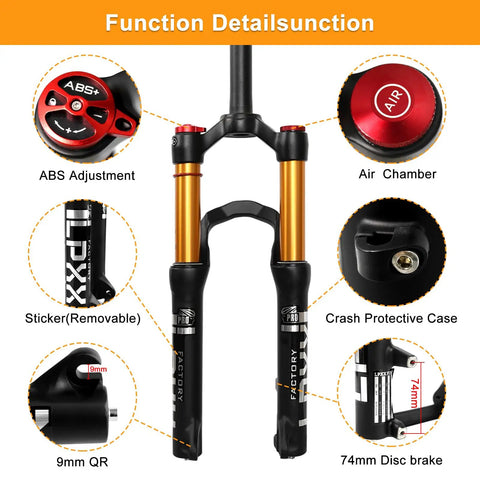 Lightweight 20 Inch Bike Air Suspension Fork With 120mm Travel, Manual Lockout, showing key features like ABS and air chamber.