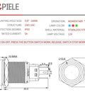 Technical diagram of Momentary 16mm Push Button Switch With 12V Blue LED Angel Ring, Self Reset, 1NO 1NC, IP65, black shell, for DIY projects