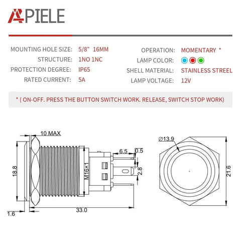 Technical diagram of Momentary 16mm Push Button Switch With 12V Blue LED Angel Ring, Self Reset, 1NO 1NC, IP65, black shell, for DIY projects