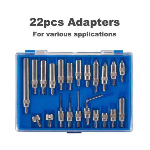 22-piece metal adapter set in a blue plastic case for various applications.