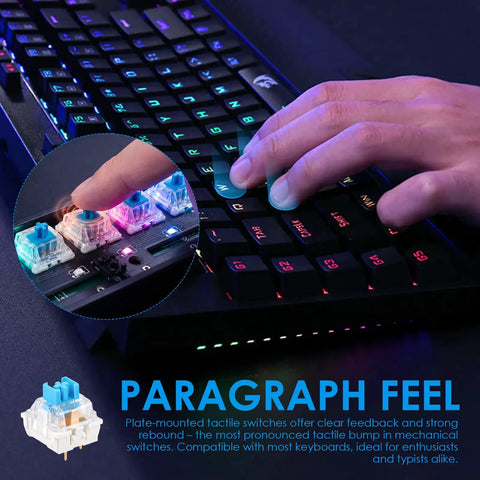 Close-up of Blue Mechanical Keyboard Switches 100 Pack With Upgraded 4 Claw Puller And Cleaning Brush, used in gaming keyboard.
