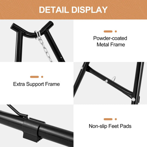 Detail display of heavy duty hammock stand for indoors and outdoors, 660 lb capacity, all steel frame with powder coating and non-slip feet pads.