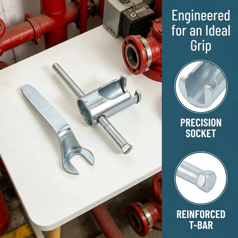 Heavy Duty Pro Fire Sprinkler Head Removal Wrench Two Piece Kit Steel Installation Tool with precision socket and T-bar.