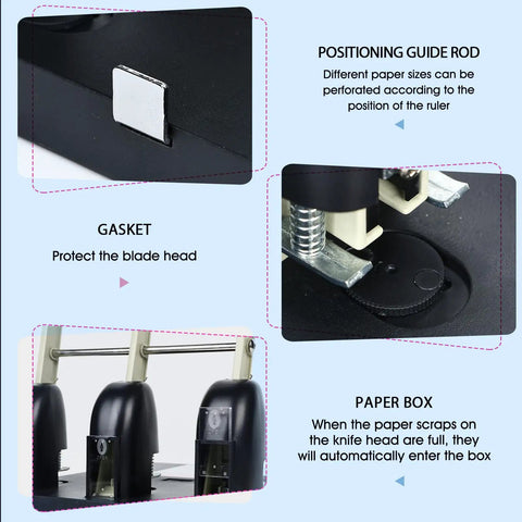 Three Hole Paper Punch For Office And Print Shop, Heavy Duty Metal Construction with gasket, guide rod, and paper box features