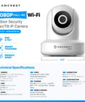 Two Pack ProHD 1080P WiFi Security Cameras With Pan Tilt And 2 Way Audio, product dimensions and specs displayed on graphic