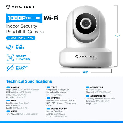 Two Pack ProHD 1080P WiFi Security Cameras With Pan Tilt And 2 Way Audio, product dimensions and specs displayed on graphic