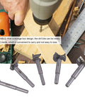 Front view: five-piece hinge hole drill bit set, metal gray bits for hinge drilling