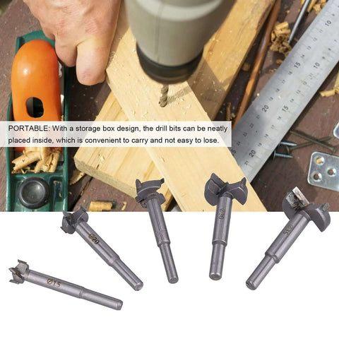 Front view: five-piece hinge hole drill bit set, metal gray bits for hinge drilling