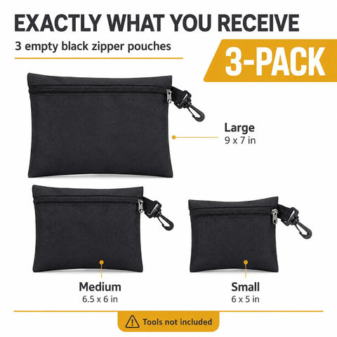 Three Pack Small Zipper Tool Pouches Built Tough With Waterproof 600D Oxford Fabric Multipurpose Organizer sizes shown with carabiner clips