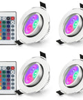 5 Pack 3W LED Recessed RGB Color Changing Downlights, Gimbal Retrofit Ceiling Lights With Remote, 16 Colors, 2.67 To 3.30 Inch Cutouts, 85-265V AC, Flicker Free, Quiet Operation. Featuring color options with remote controls.