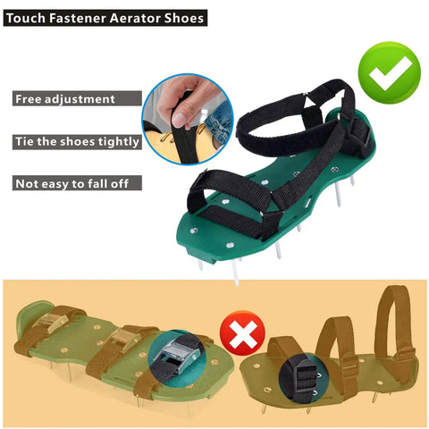 Heavy Strap Lawn Aerator Shoes With 26 Stainless Steel Spikes for grass and soil aeration, showing adjustable Velcro straps in green.