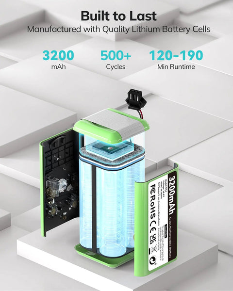 Top Shelf Heavy Duty 14.4V 3200mAh Replacement Battery Fits Like A Charm For Eufy RoboVac And Ecovacs Deebot Robot Vacuums, showing internal components.